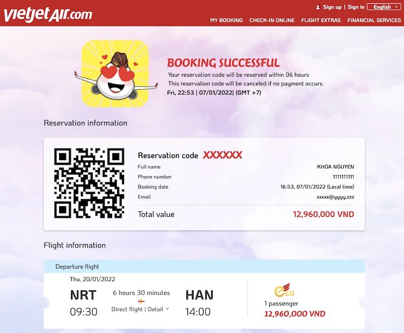 Mã đặt chỗ (mã code) vé máy bay Vietjet